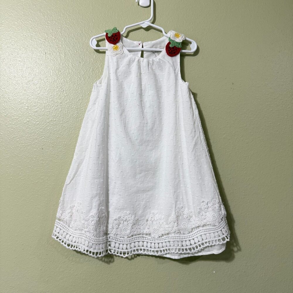 Cynthia Rowley Kids White Swiss Dot Strawberry Applique Dress & Clips Size 5